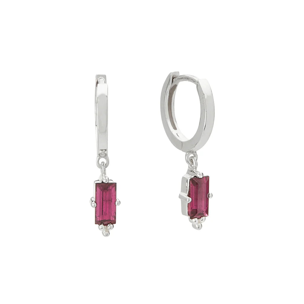 Huggie With Hanging Pink Rhodolite Sterling Silver