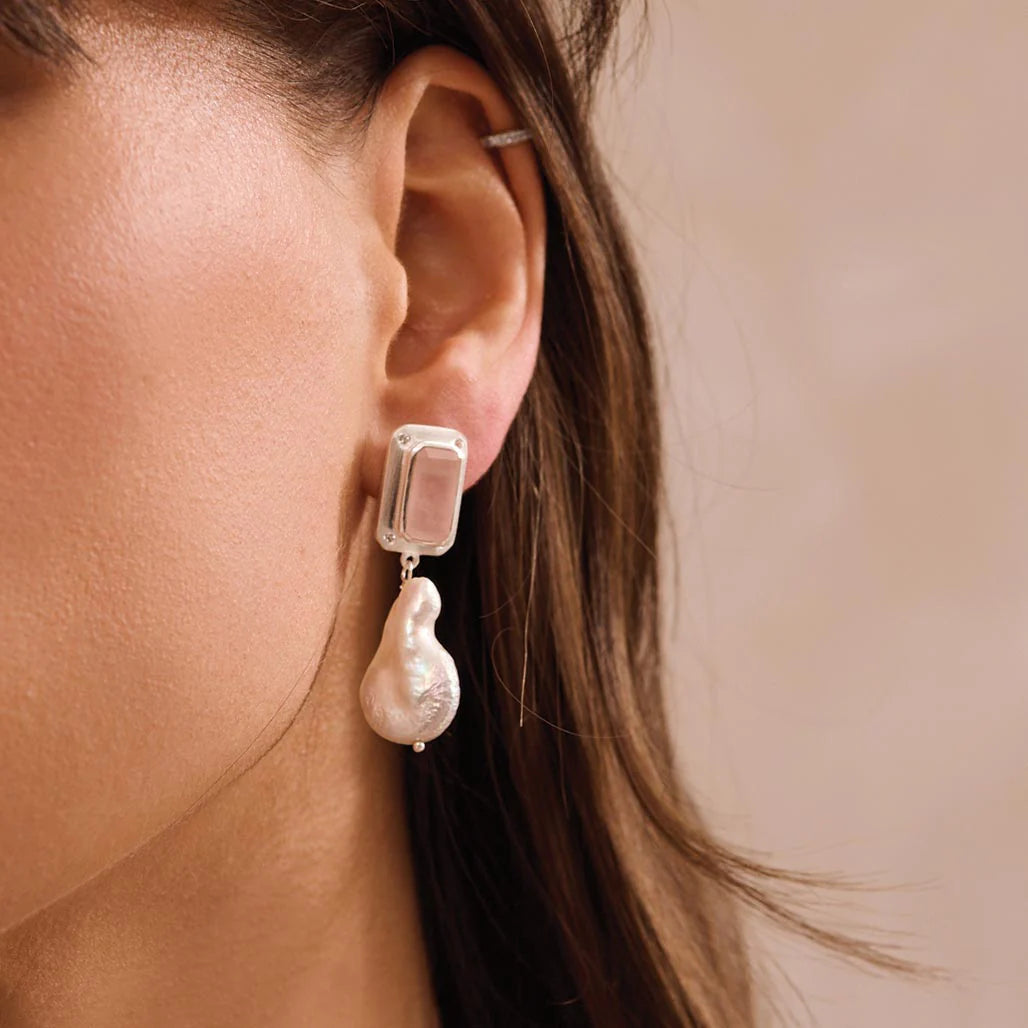 Hanging Pearl Earring with Rose Quartz & White Topaz in Sterling Silver