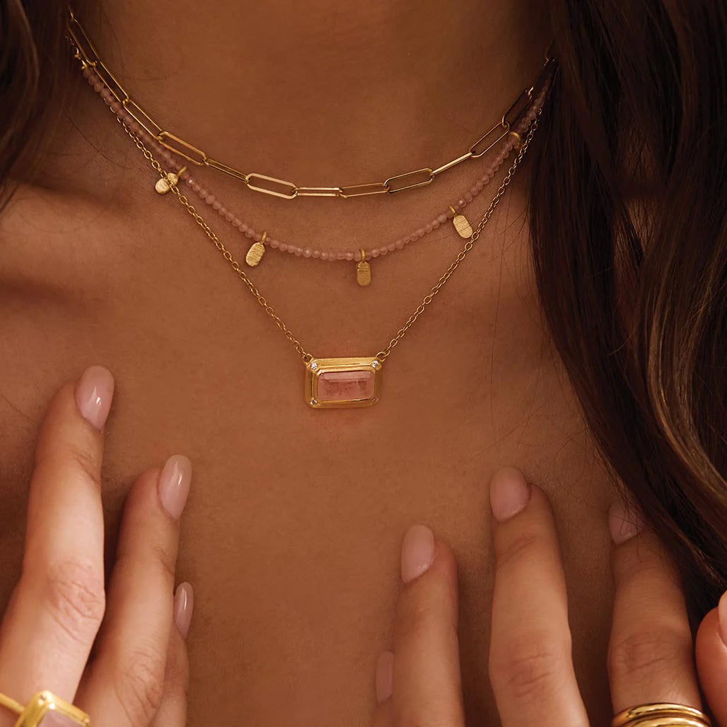 Rose Quartz Pendant Necklace with White Topaz in 18KT Yellow Gold Plate