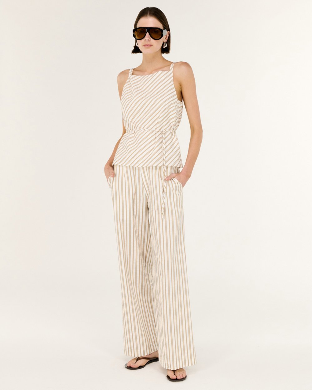 Lola Tie Waist Top - Taupe / White