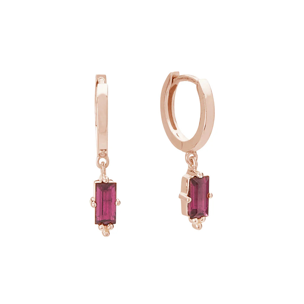 Huggie With Hanging Pink Rhodolite Baguette In 18 KT Gold Plate