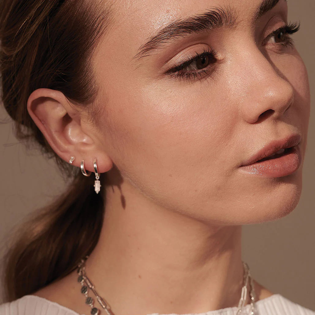 Huggie with Hanging Rose Quartz Baguette in Sterling Silver