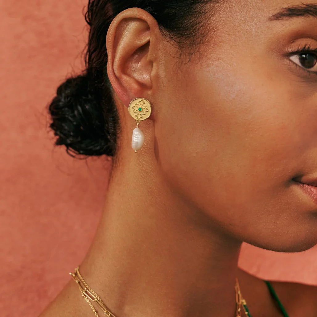 Wandering Soul Green Onyx & Pearl Earrings in 18KT Yellow Gold Plate