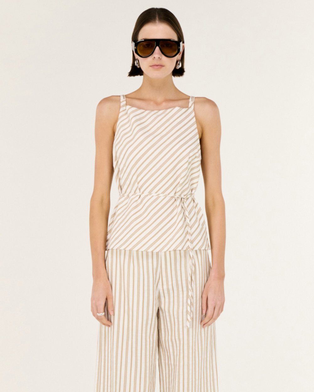 Lola Tie Waist Top - Taupe / White