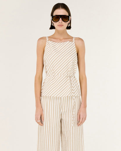 Lola Tie Waist Top - Taupe / White
