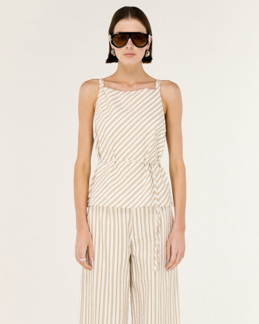 Lola Tie Waist Top - Taupe / White