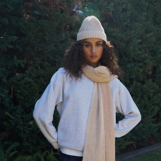 Arista Recycled-Polyester Ribbed Knit Scarf in Beige