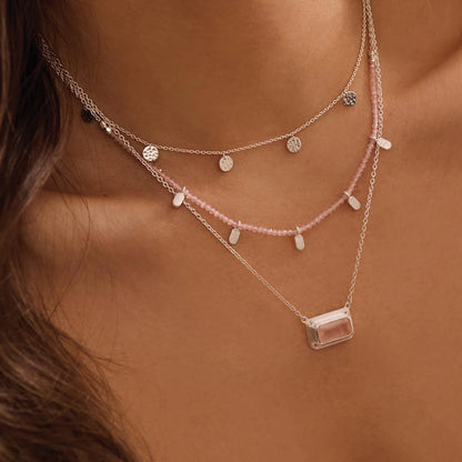 Rose Quartz Pendant Necklace with White Topaz in Sterling Silver