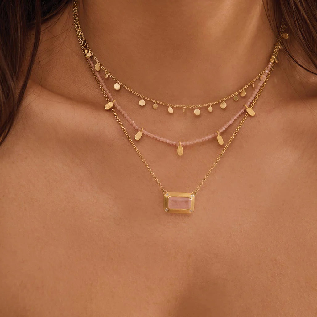 Rose Quartz Pendant Necklace with White Topaz in 18KT Yellow Gold Plate