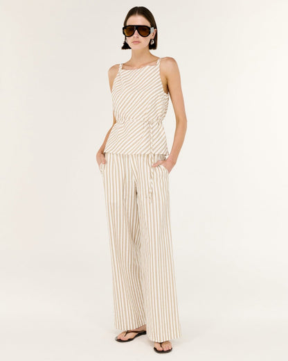 Lola Tie Waist Top - Taupe / White