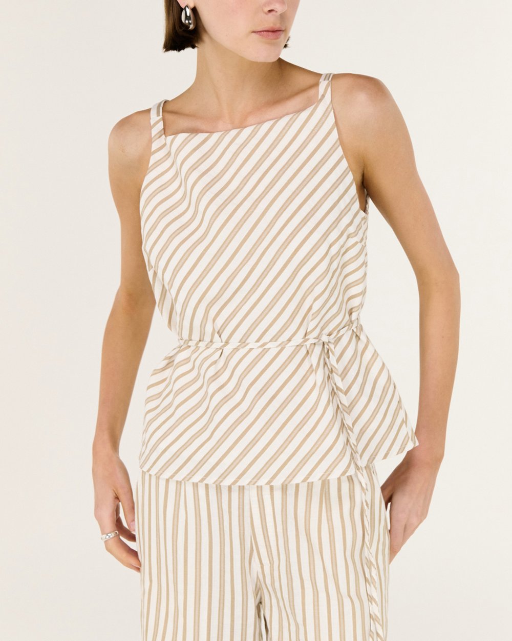 Lola Tie Waist Top - Taupe / White