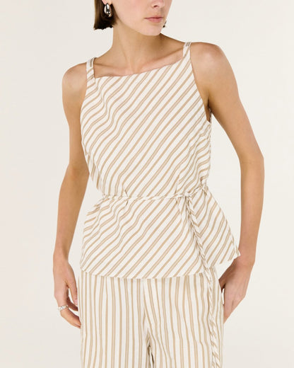 Lola Tie Waist Top - Taupe / White