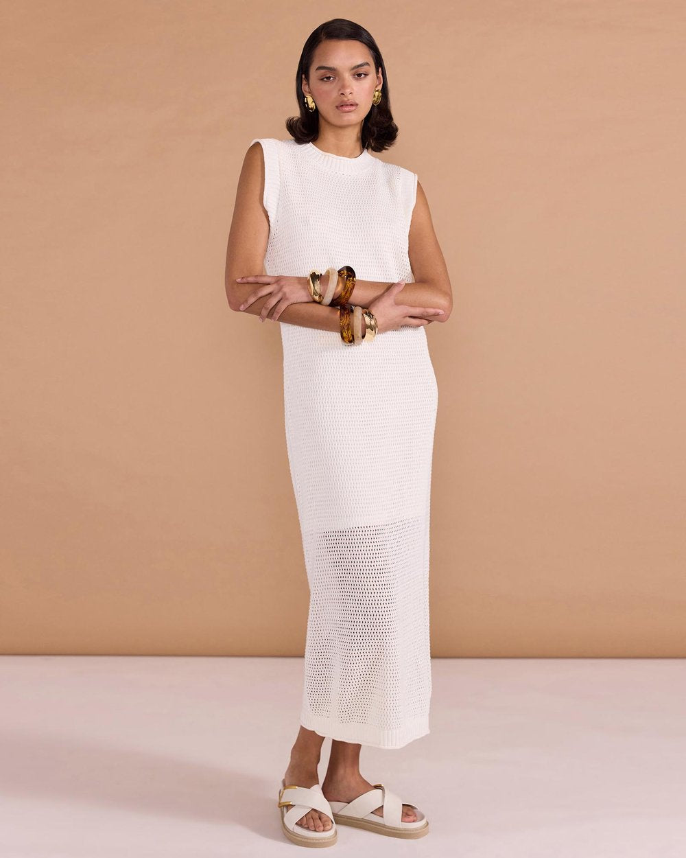 Wave Open Knit Midi Dress - White - Staple the Label
