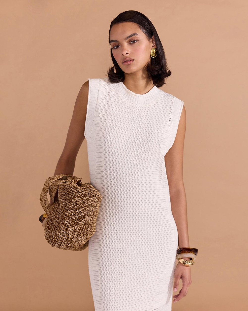 Wave Open Knit Midi Dress - White - Staple the Label