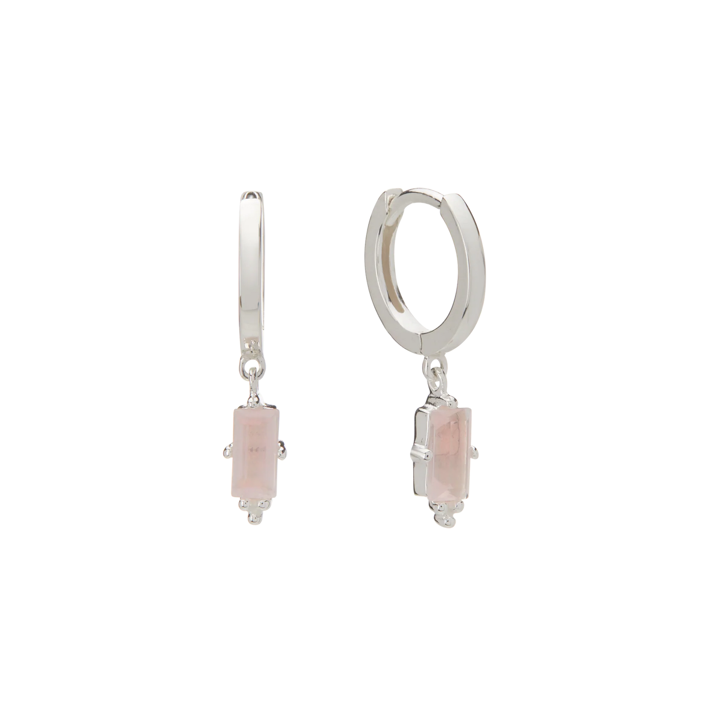 Huggie with Hanging Rose Quartz Baguette in Sterling Silver